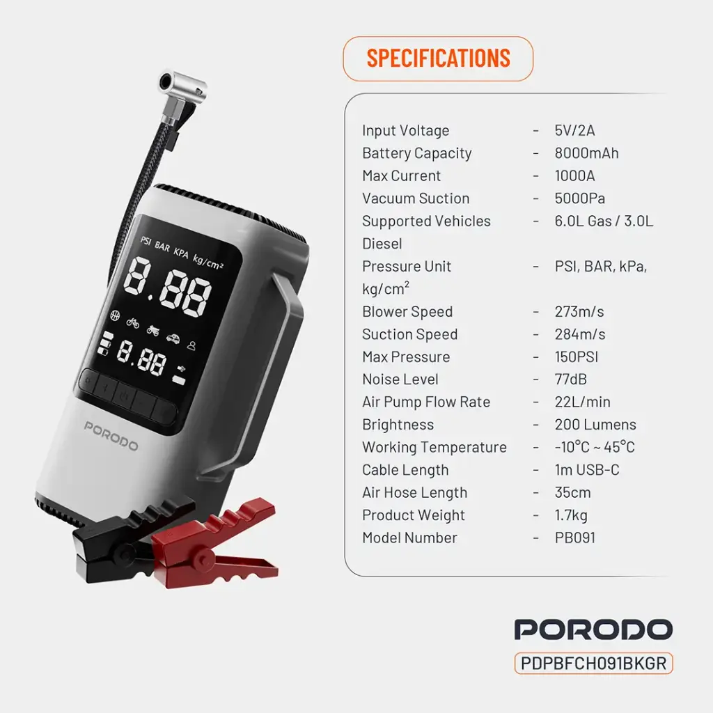 PORODO 6 IN 1 MULITI FUNCTIONAL POWER TOOL JUMP STARTER AIR COMPRESSOR POWERBANK PDPBFCH091BKGR thumbnail 2