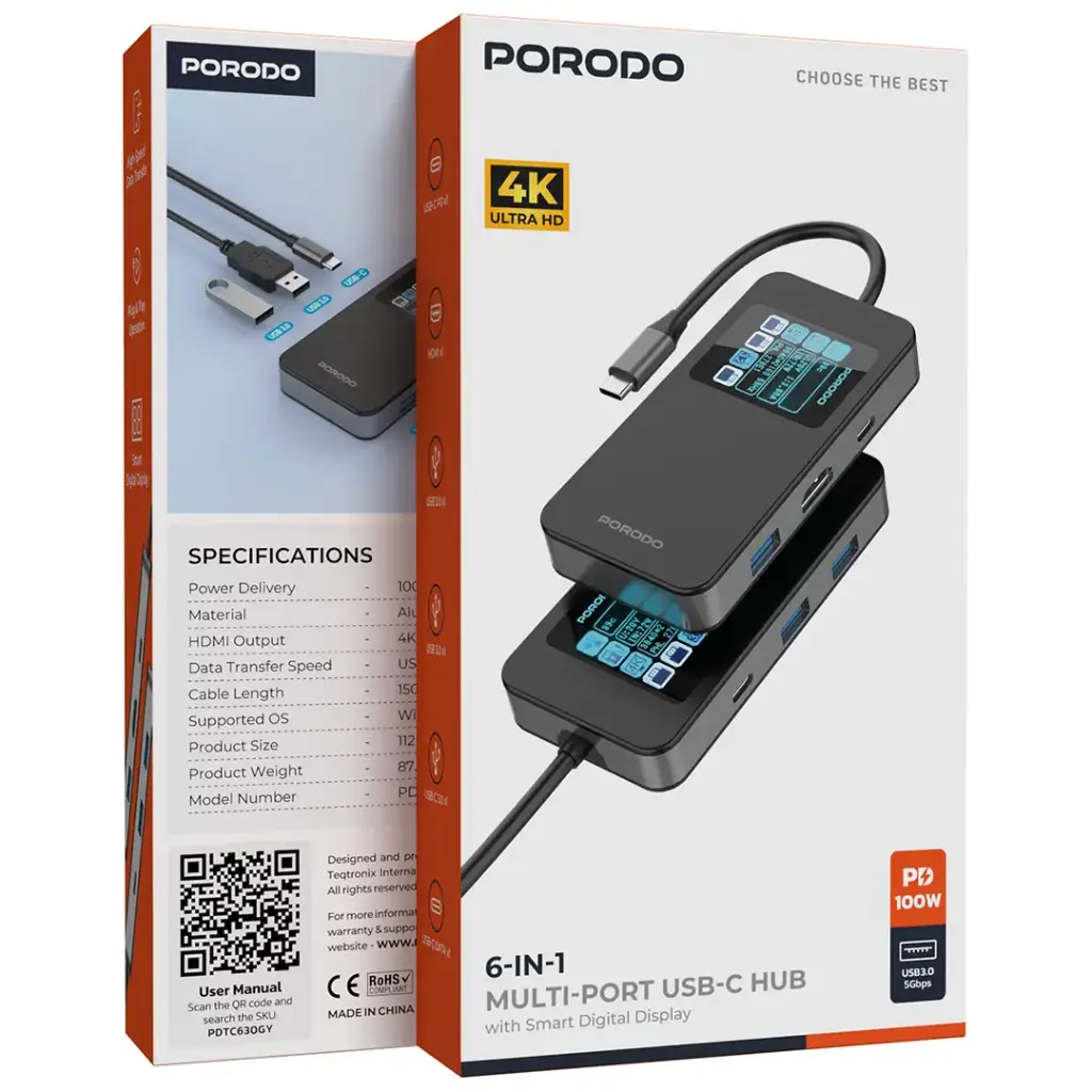 PORODO 6 IN 1 MULTI PORT USB C HUB GRAY PDTC630GY thumbnail 7