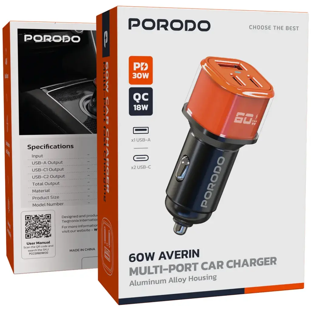PORODO 60W AVERIN MULTI PORT CAR CHARGER ORANGE PDCCR60WOG thumbnail 2