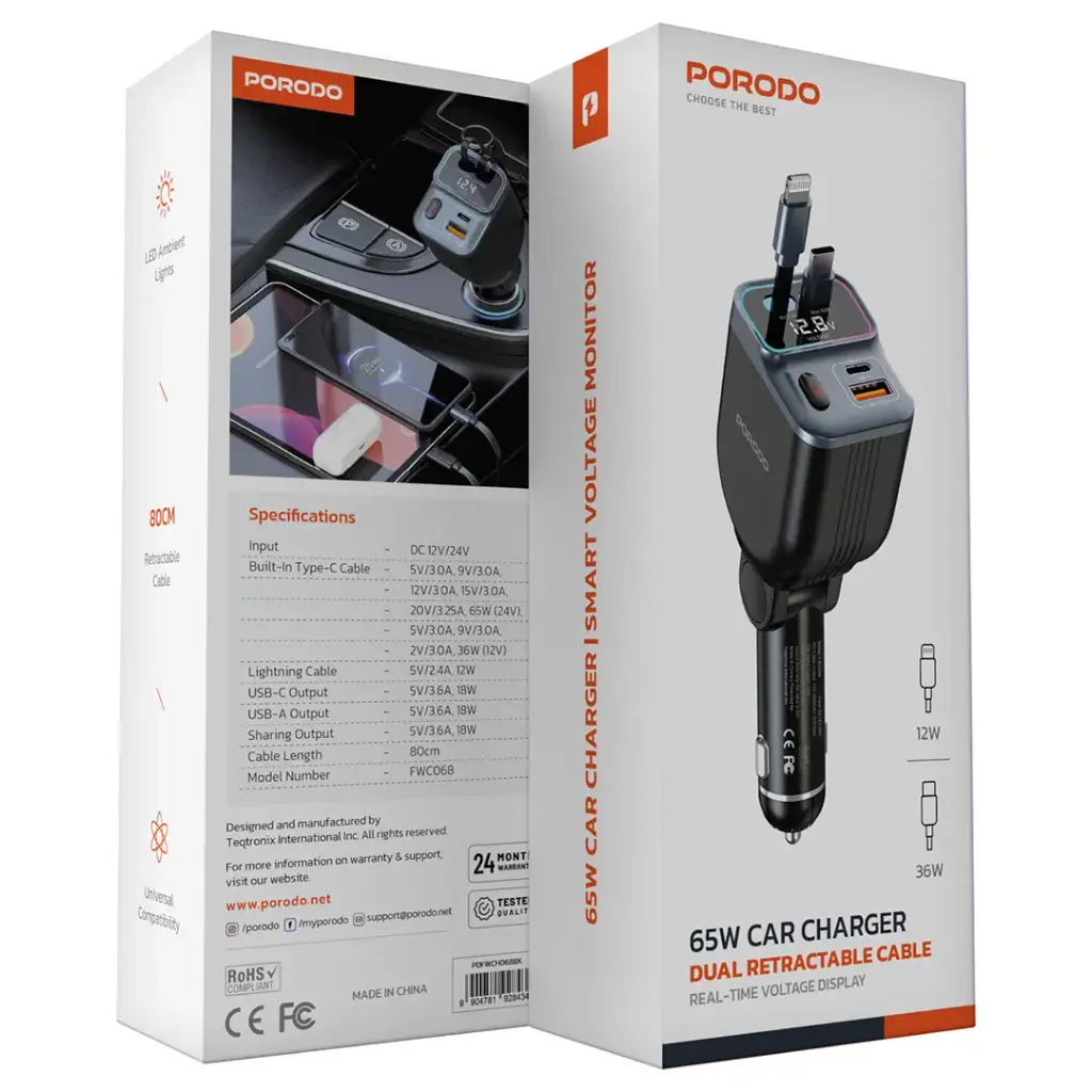 PORODO 65W CAR CHARGER DUAL RETRACTABLE CABLE BLACK PDFWCH068BK thumbnail 4