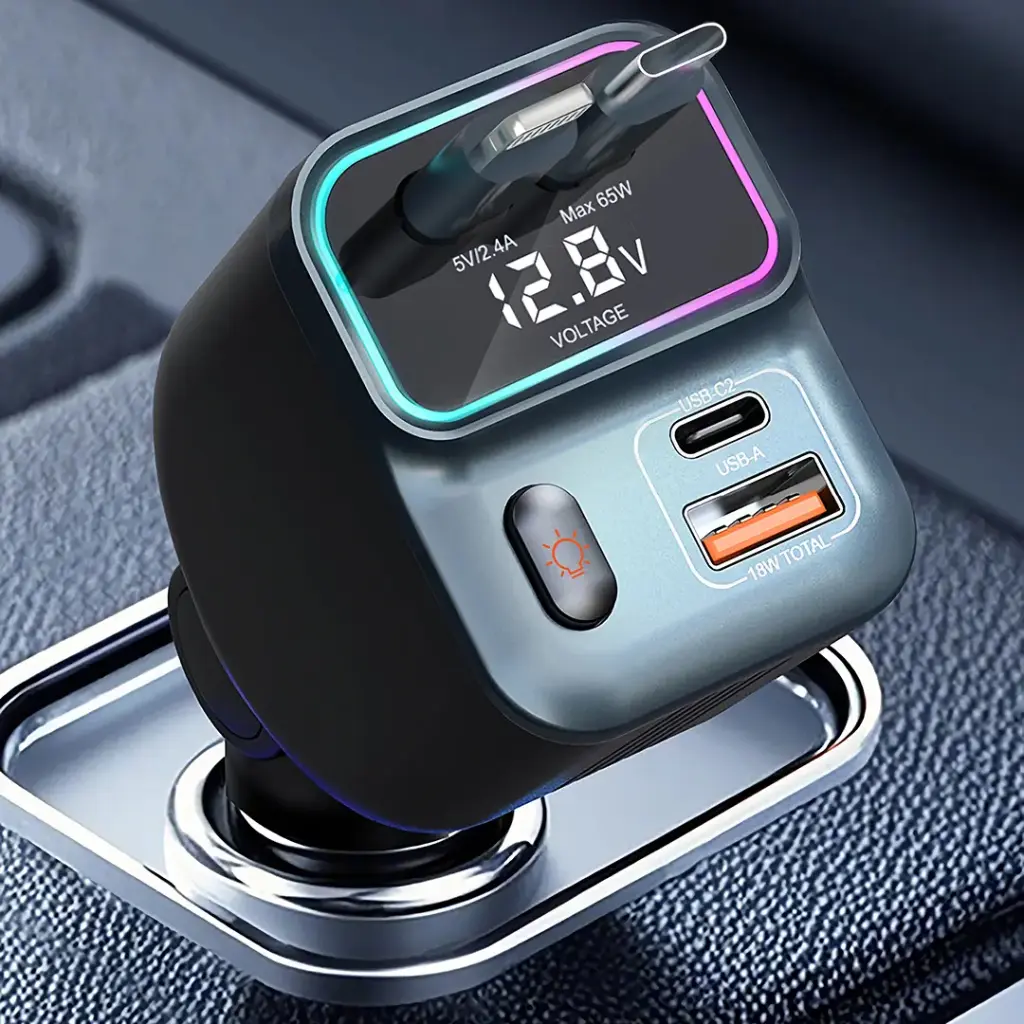 PORODO 65W CAR CHARGER DUAL RETRACTABLE CABLE BLACK PDFWCH068BK thumbnail 3