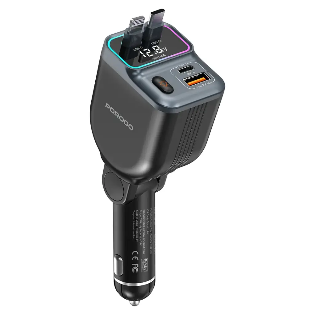 PORODO 65W CAR CHARGER DUAL RETRACTABLE CABLE BLACK PDFWCH068BK thumbnail 5