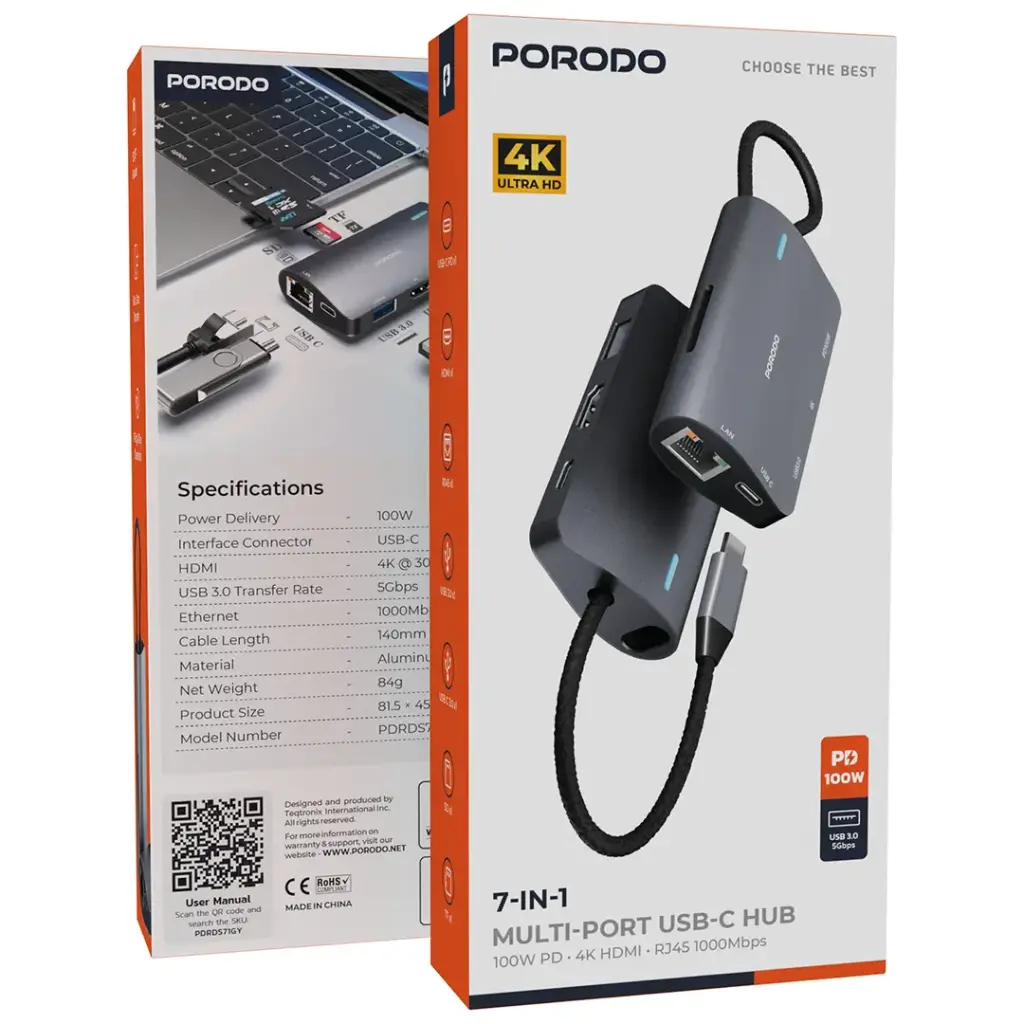 PORODO 4K ULTRA HD 7 IN 1 MULTI PORT USB C HUB PD100W GREY PDRDS71GY thumbnail 3