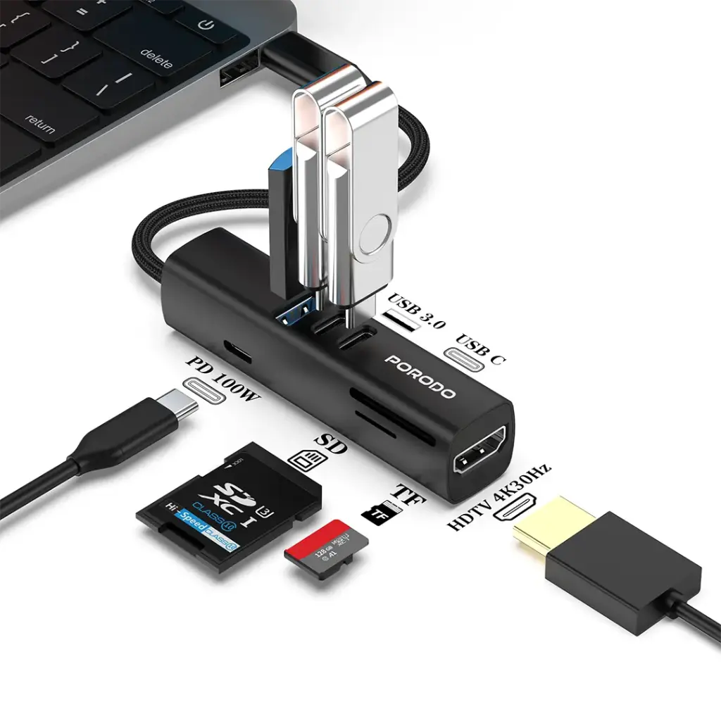 PORODO 7 IN 1 MULTI PORT USB HUB WITH 5 GBPS TRANSFER SPEED BLACK PD35037IN1BK thumbnail 2