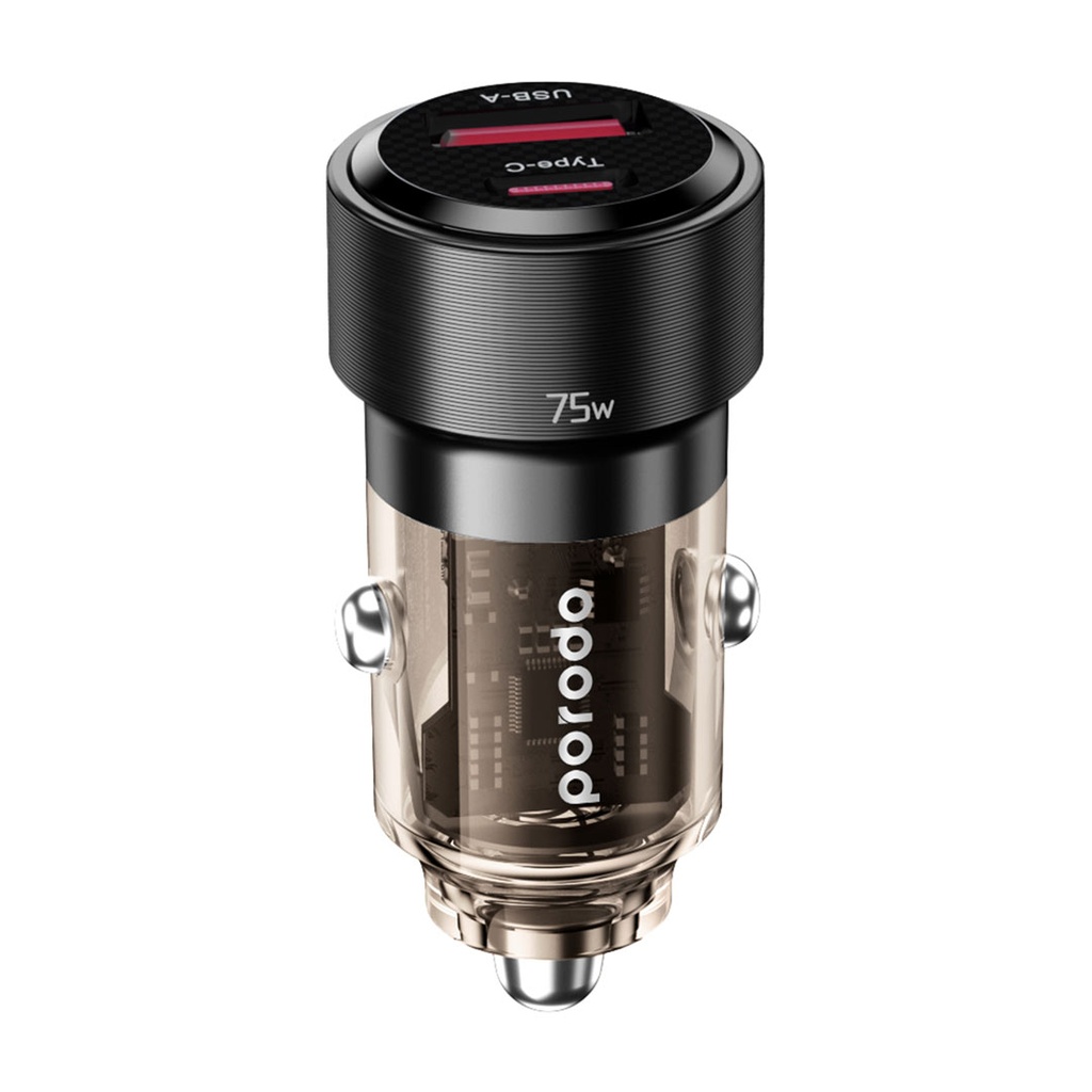 PORODO 75W DUAL PORT TRANSPARENT ALUMINIUM CAR CHARGER BLACK PD-75TDCC-BK thumbnail 3