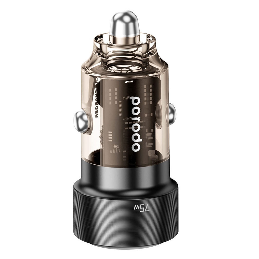 PORODO 75W DUAL PORT TRANSPARENT ALUMINIUM CAR CHARGER BLACK PD-75TDCC-BK thumbnail 2