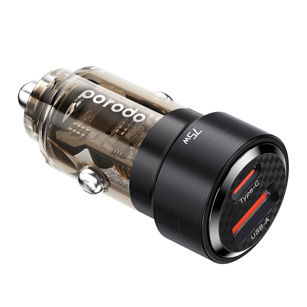PORODO 75W DUAL PORT TRANSPARENT ALUMINIUM CAR CHARGER BLACK PD-75TDCC-BK thumbnail 4