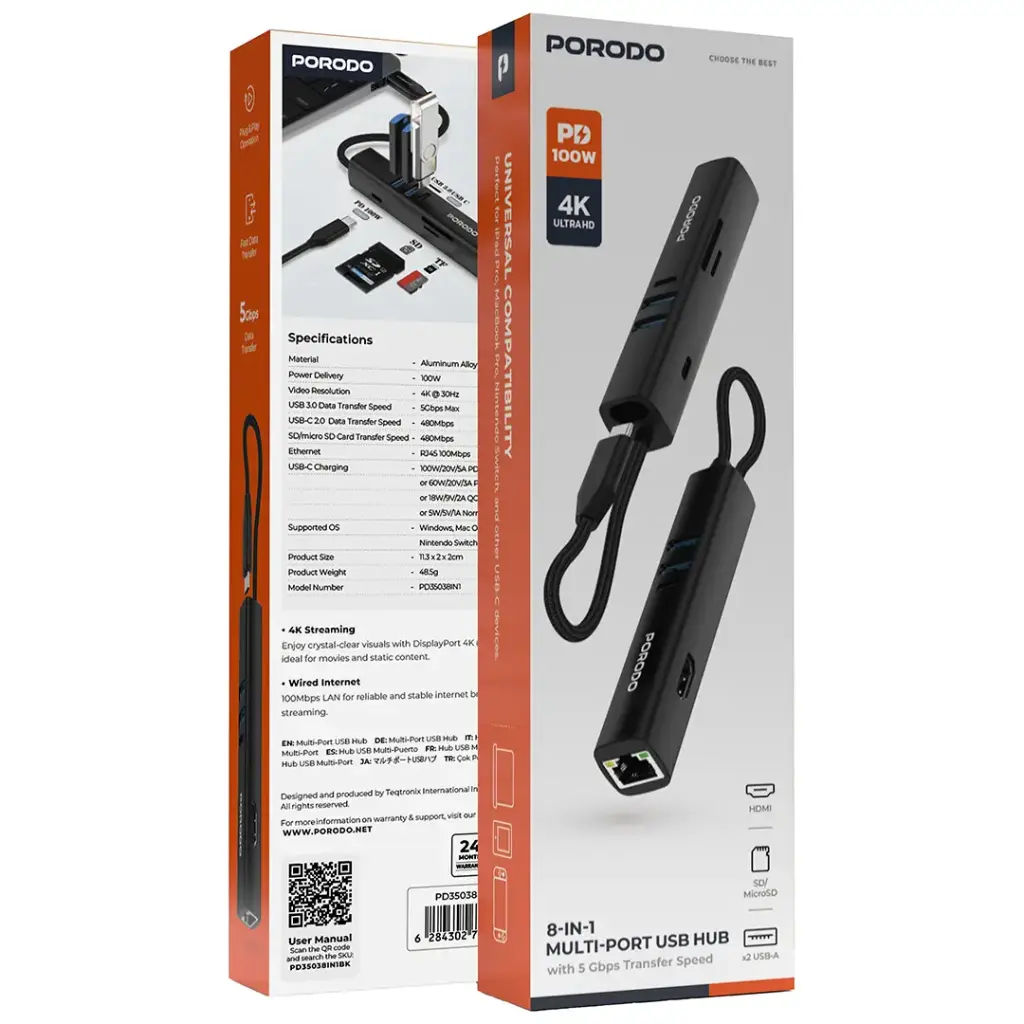 PORODO 8 IN 1 MULTI PORT USB HUB WITH 5 GBPS TRANSFER SPEED BLACK PD35038IN1BK thumbnail 2