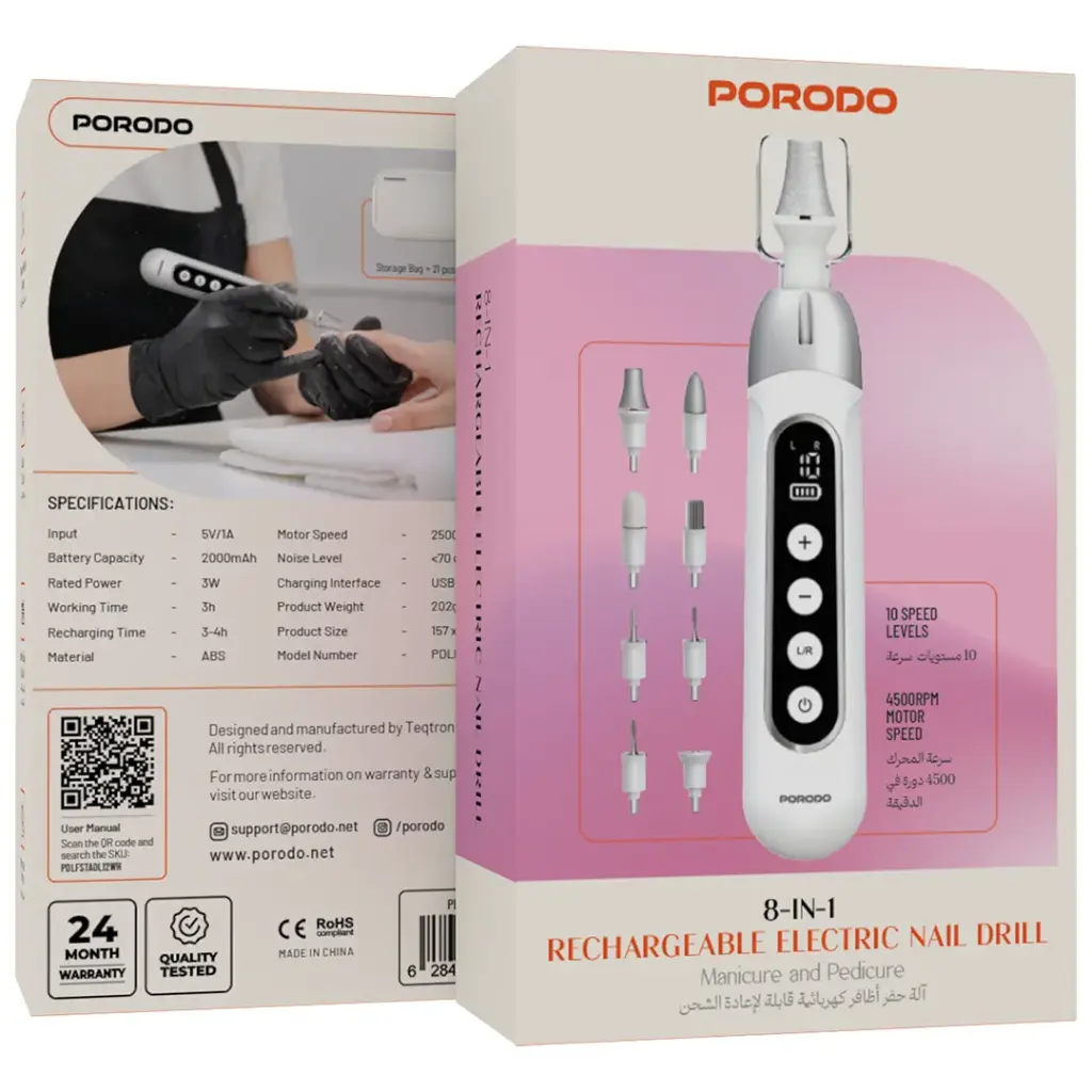 PORODO 8 IN 1 RECHARGEABLE ELECTRIC NAIL DRILL WHITE PDLFSTA0L12WH thumbnail 3