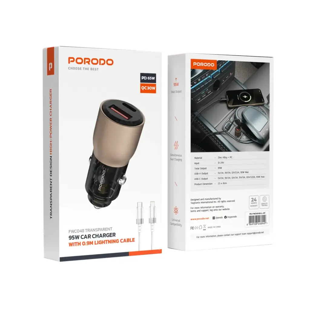 PORODO 95W CAR CHARGER WITH 0.9M LIGHTNING CABLE DESERT TITANIUM PD-FWCH048-DT thumbnail 2