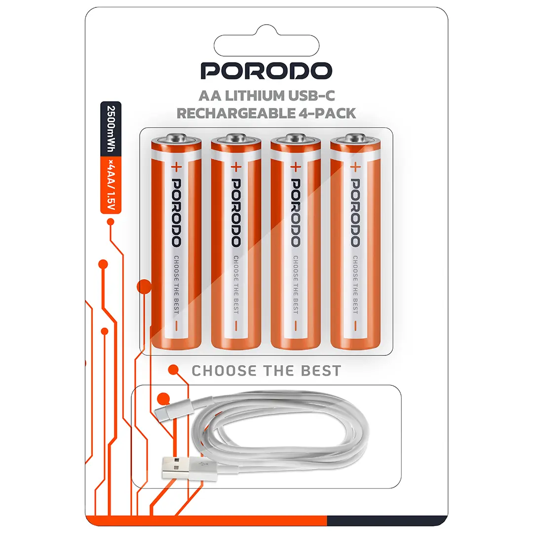 PORODO AA LITHIUM USB C RECHARGEABLE 4 PACK WHITE/ORANGE PDAA25RB