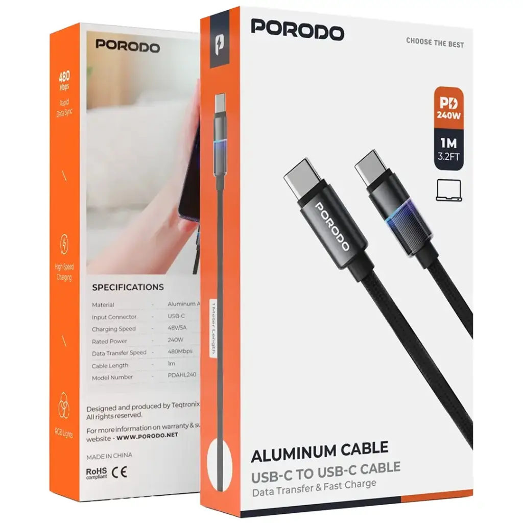PORODO ALUMINUM CABLE USB C TO USB C CABLE 240W 1M BLACK PDAHL240BK thumbnail 2