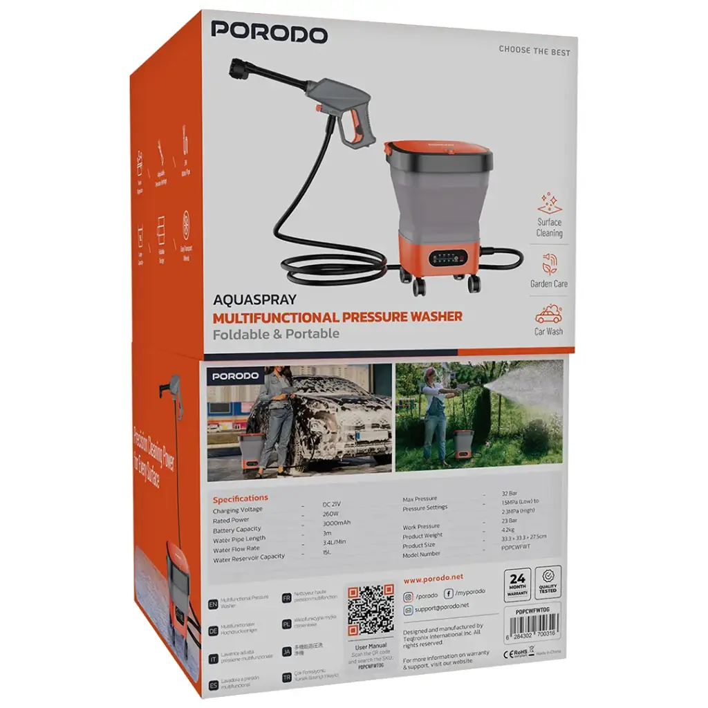 PORODO AQUASPRAY MULTIFUNCTIONAL PRESSURE WASHER FOLDABLE AND PORTABLE ORANGE PDPCWFWTOG thumbnail 3