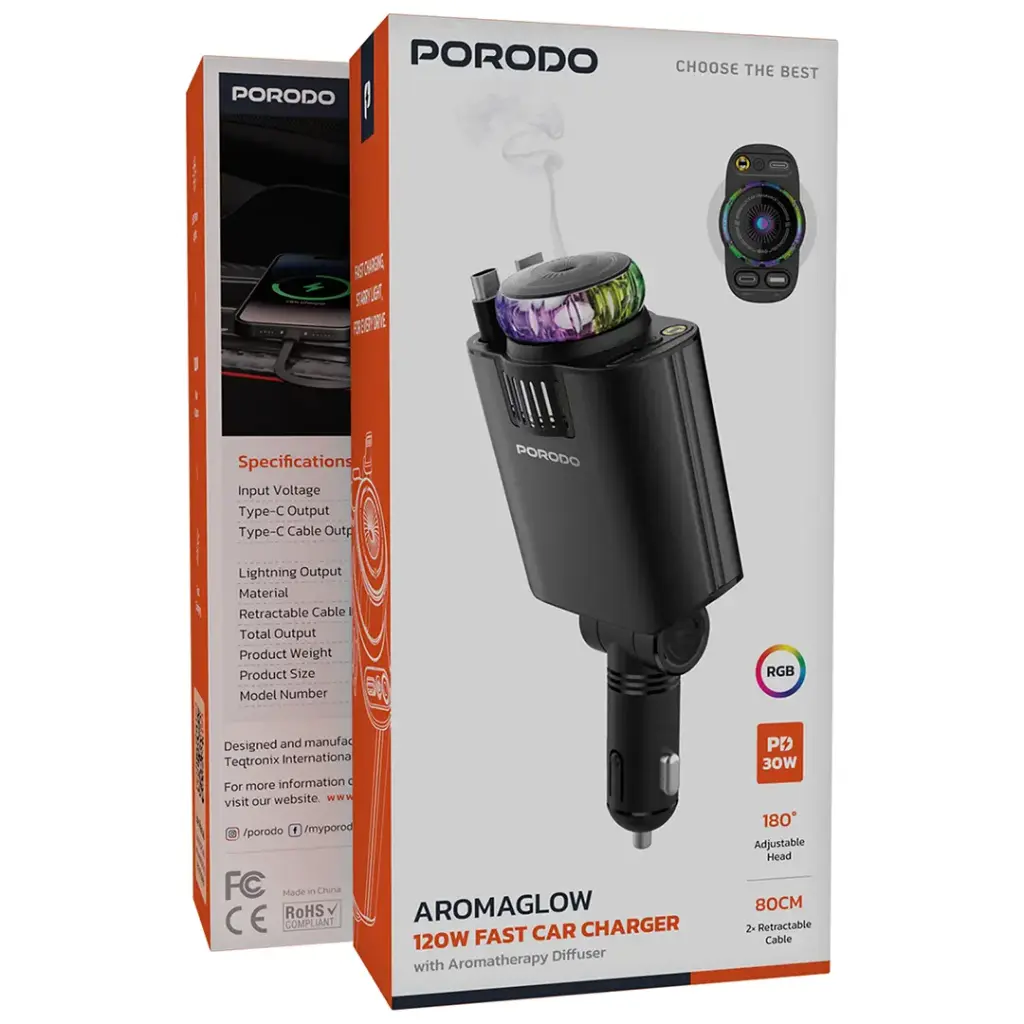 PORODO AROMAGLOW 120W FAST CAR CHARGER BLACK PDCHD120WBK thumbnail 2
