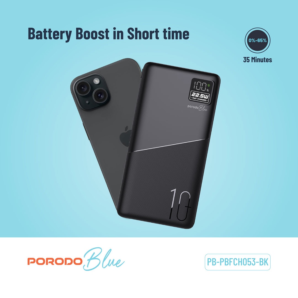 PORODO BLUE 10000MAH QUICK CHARGE POWERBANK USB A TO USB C BLACK PB-PBFCH053-BK thumbnail 3