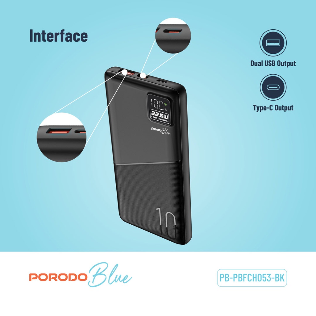 PORODO BLUE 10000MAH QUICK CHARGE POWERBANK USB A TO USB C BLACK PB-PBFCH053-BK thumbnail 2