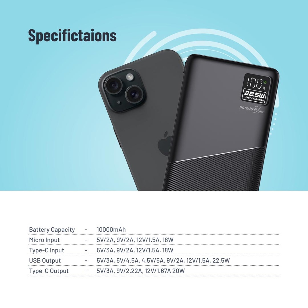 PORODO BLUE 10000MAH QUICK CHARGE POWERBANK USB A TO USB C BLACK PB-PBFCH053-BK thumbnail 4