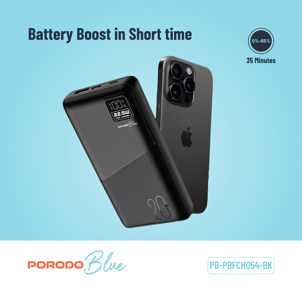 PORODO BLUE 20000MAH QUICK CHARGE POWERBANK USB A AND USB C OUTPUT PD20W BLACK PB-PBFCH054-BK thumbnail 3