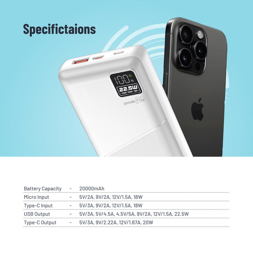 PORODO BLUE 20000MAH QUICK CHARGE POWERBANK USB A AND USB C OUTPUT PD20W WHITE PB-PBFCH054-WH thumbnail 4
