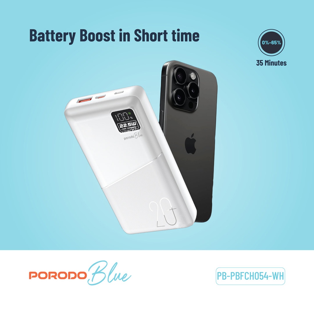 PORODO BLUE 20000MAH QUICK CHARGE POWERBANK USB A AND USB C OUTPUT PD20W WHITE PB-PBFCH054-WH thumbnail 3