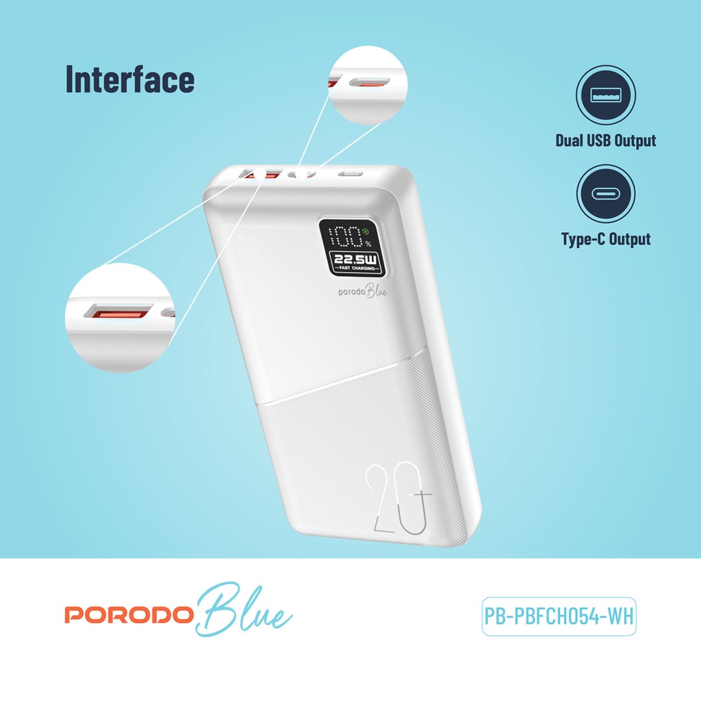 PORODO BLUE 20000MAH QUICK CHARGE POWERBANK USB A AND USB C OUTPUT PD20W WHITE PB-PBFCH054-WH thumbnail 2