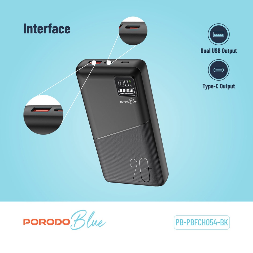 PORODO BLUE 20000MAH QUICK CHARGE POWERBANK USB A AND USB C OUTPUT PD20W BLACK PB-PBFCH054-BK thumbnail 4