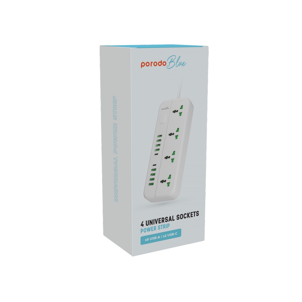 PORODO BLUE 4 UNIVERSAL SOCKET POWER STRIP 3M WHITE PB-4ACPS2C8A-WH thumbnail 3