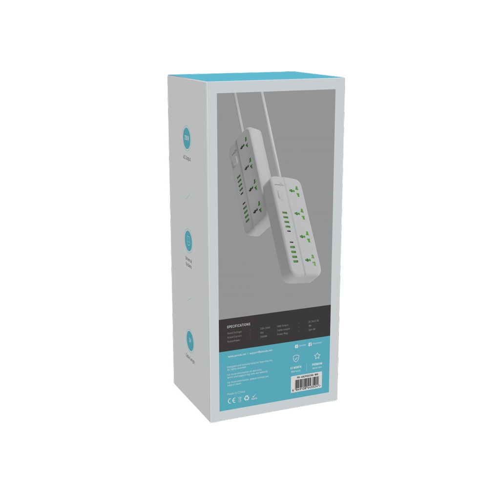 PORODO BLUE 4 UNIVERSAL SOCKET POWER STRIP 3M WHITE PB-4ACPS2C8A-WH thumbnail 2