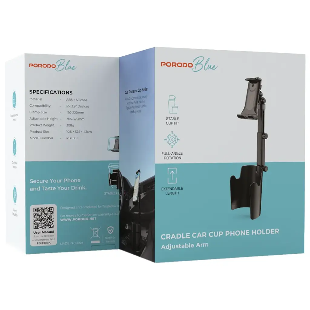 PORODO BLUE CRADLE CAR CUP PHONE HOLDER ADJUSTABLE ARM BLACK PBLE01BK thumbnail 3