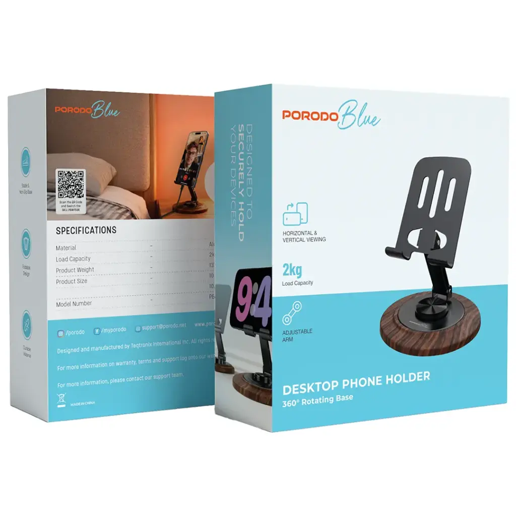 PORODO BLUE DESKTOP PHONE HOLDER 360 ROTATING BASE BLACK PBW15BK thumbnail 3