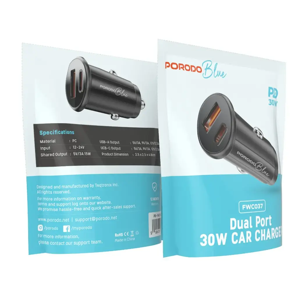 PORODO BLUE DUAL PORT 30W CAR CHARGER BLACK PB-FWCH037-BK thumbnail 2