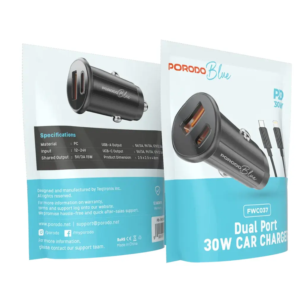 PORODO BLUE DULA PORT 30W CAR CHARGER WITH USB C TO LIGHTNING CABLE BLACK PB-FWCH037-BK-L thumbnail 3