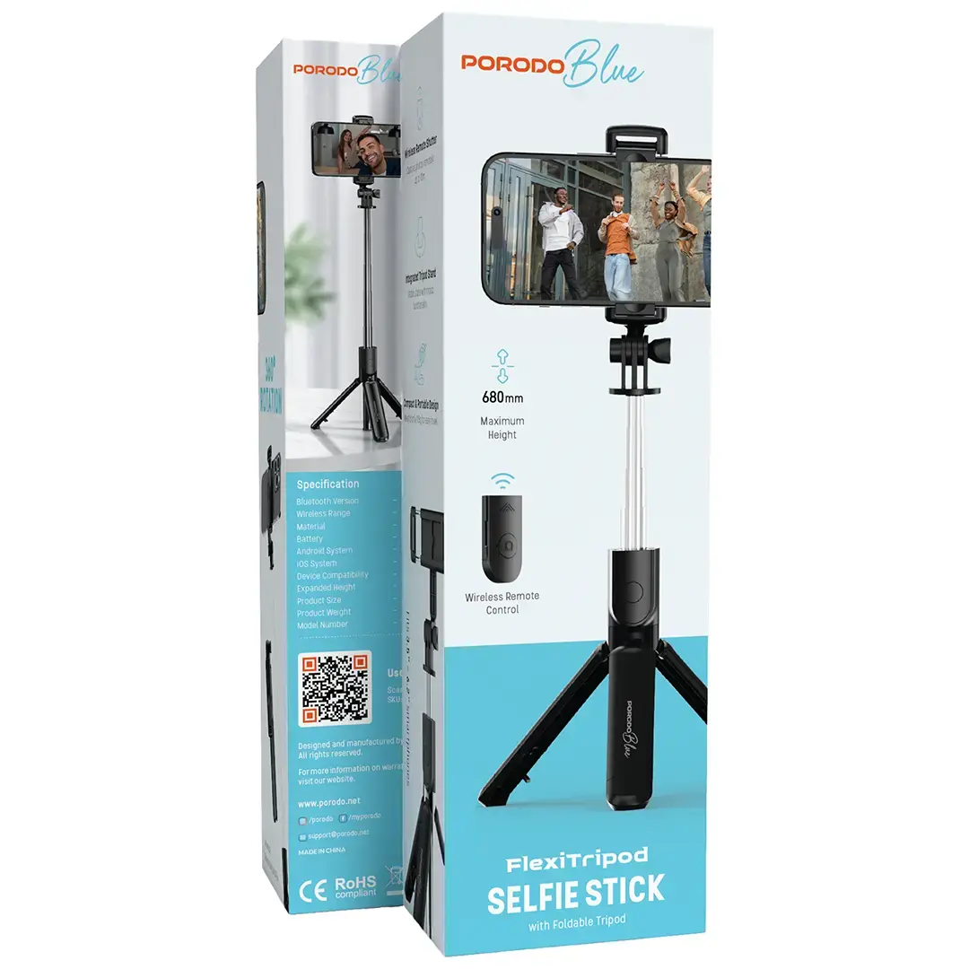 PORODO BLUE FLEXI TRIPOD SELFIE STICK WITH FOLDABLE TRIPOD BLACK PBS03SSTBK thumbnail 11