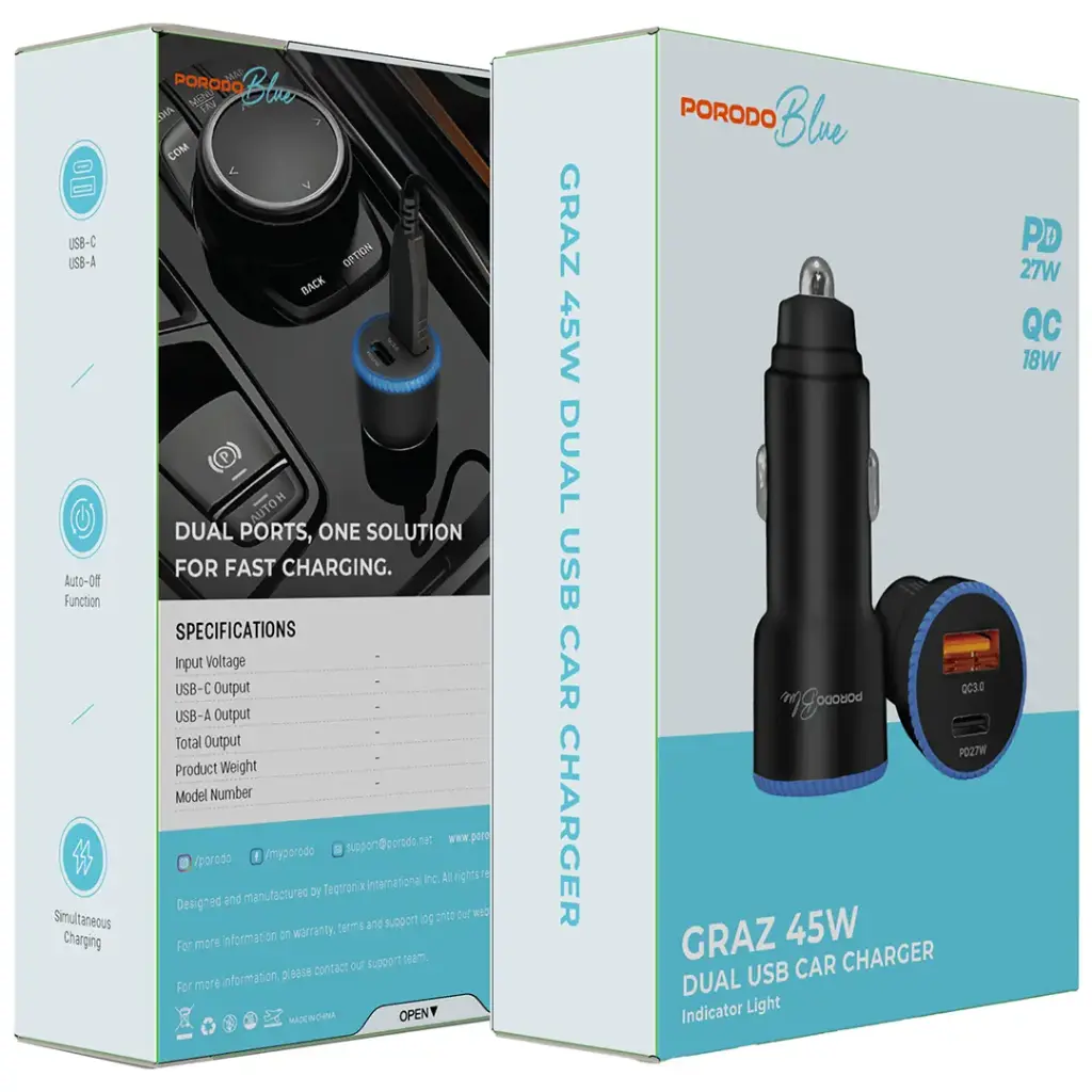 PORODO BLUE GRAZ 45W DUAL USB C CAR CHARGER PD27W USB C TO LIGHTNING CABLE 1M BLACK PBCCR51LBK thumbnail 2