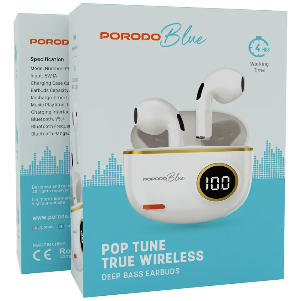 PORODO BLUE POP TUNE TRUE WIRELESS DEEP BASS EARBUDS WHITE PBSTS190WH thumbnail 5