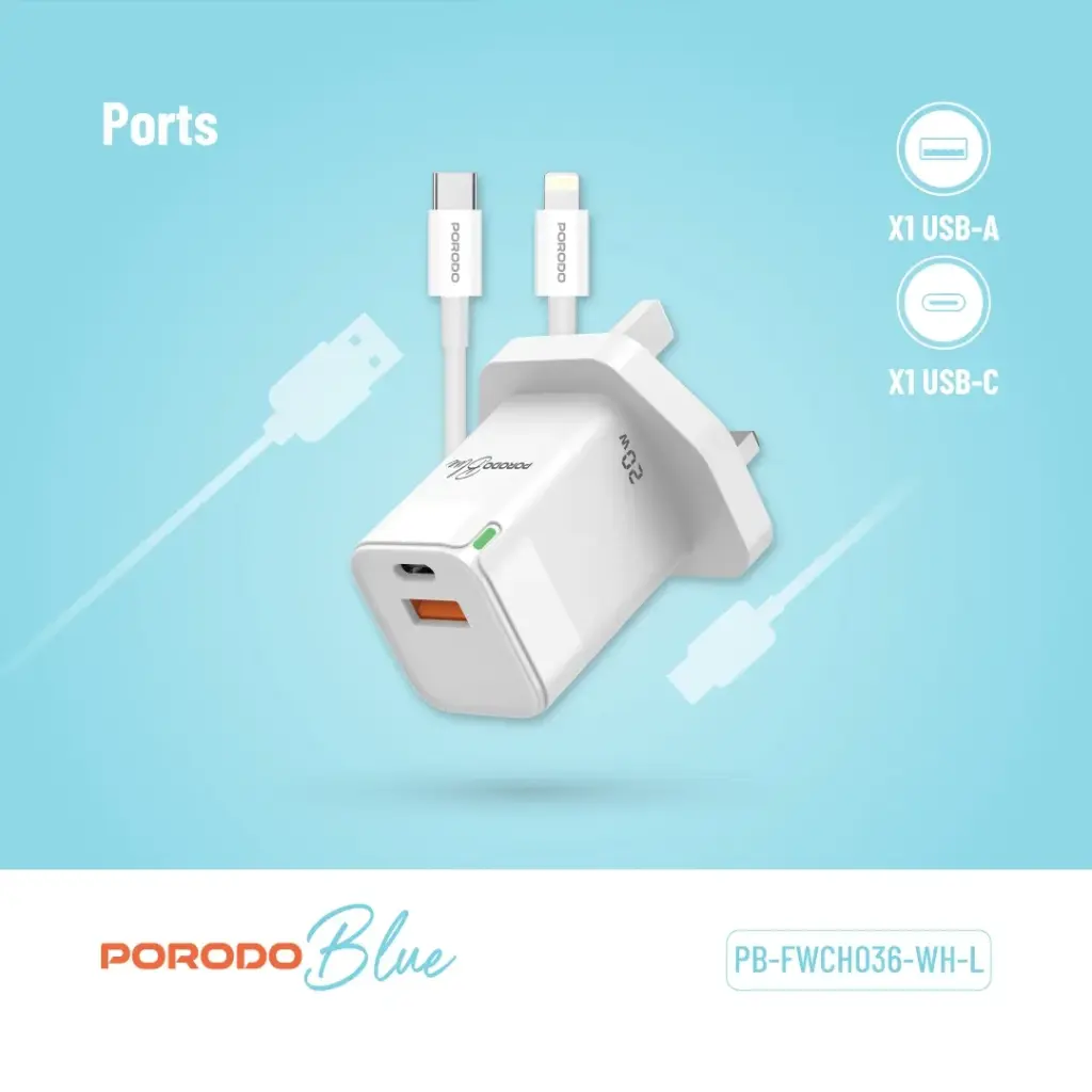 PORODO BLUE USB A AND USB C 20W ULTRA QUICK CHARGER WITH LIGHTNING CABLE WHITE PB-FWCH036-WH-L thumbnail 4