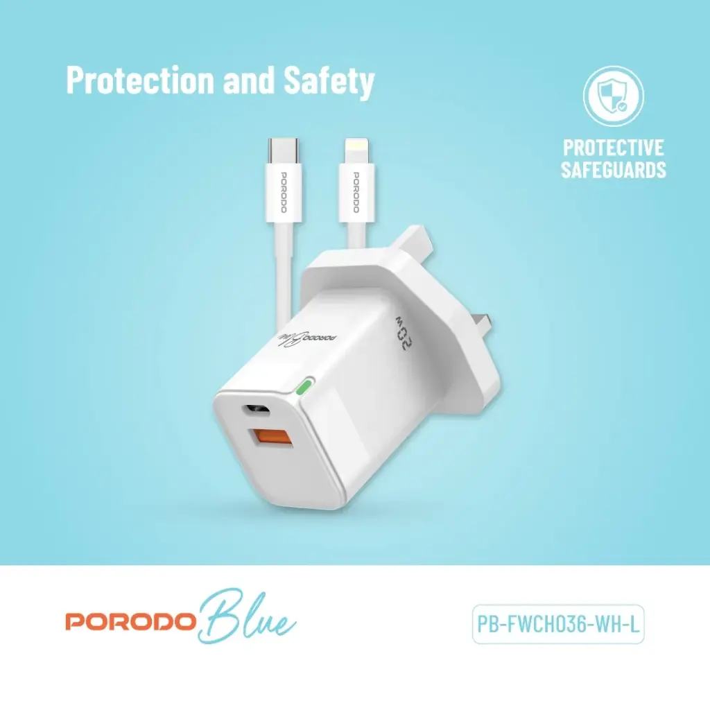PORODO BLUE USB A AND USB C 20W ULTRA QUICK CHARGER WITH LIGHTNING CABLE WHITE PB-FWCH036-WH-L thumbnail 3