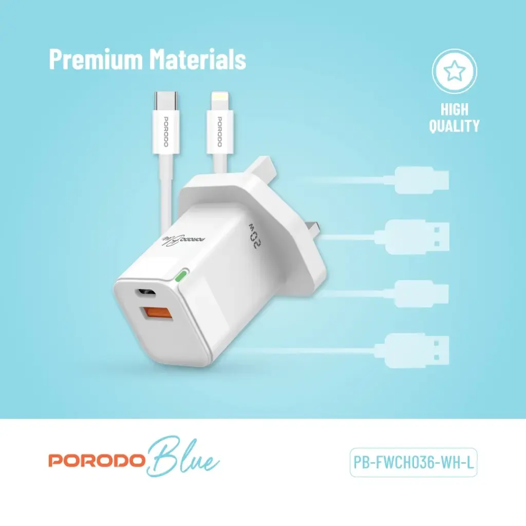 PORODO BLUE USB A AND USB C 20W ULTRA QUICK CHARGER WITH LIGHTNING CABLE WHITE PB-FWCH036-WH-L thumbnail 6