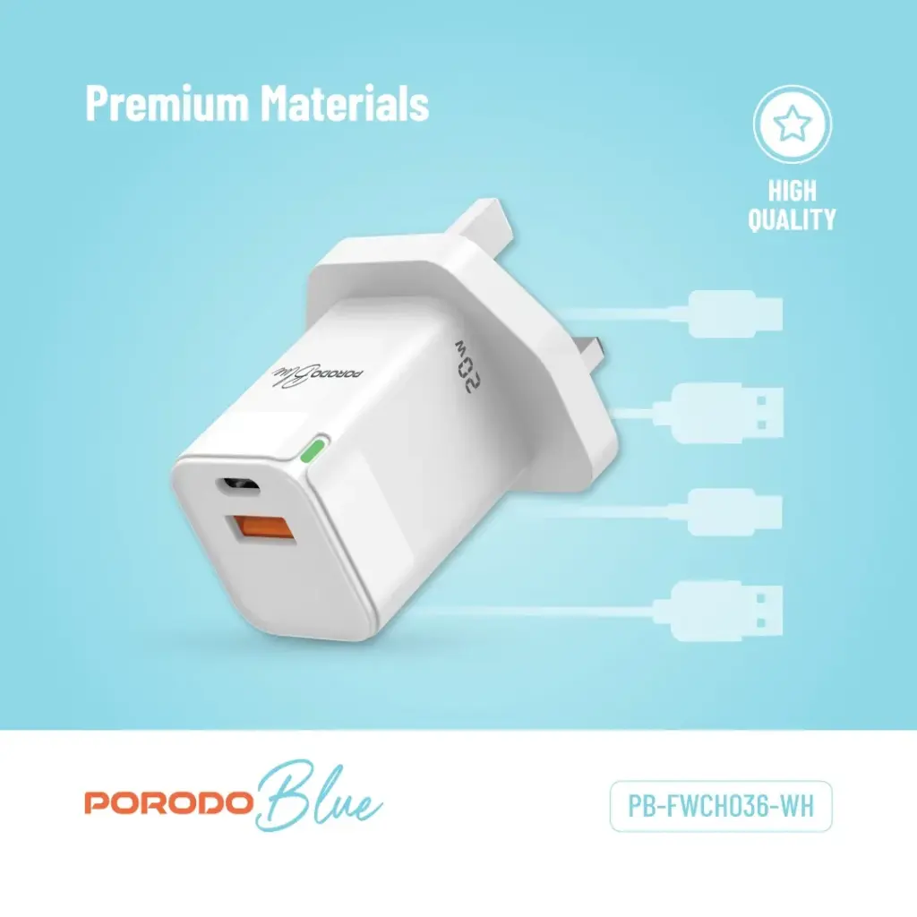 PORODO BLUE USB A AND USB C 20W ULTRA QUICK CHARGER WITH TYPE C CABLE WHITE PB-FWCH036-WH-C thumbnail 4