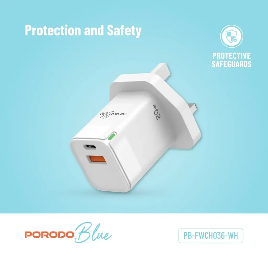 PORODO BLUE USB A AND USB C 20W ULTRA QUICK CHARGER WITH TYPE C CABLE WHITE PB-FWCH036-WH-C thumbnail 2