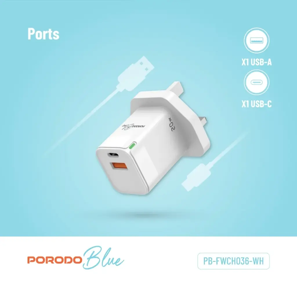 PORODO BLUE USB A AND USB C 20W ULTRA QUICK CHARGER WHITE PB-FWCH036-WH thumbnail 3