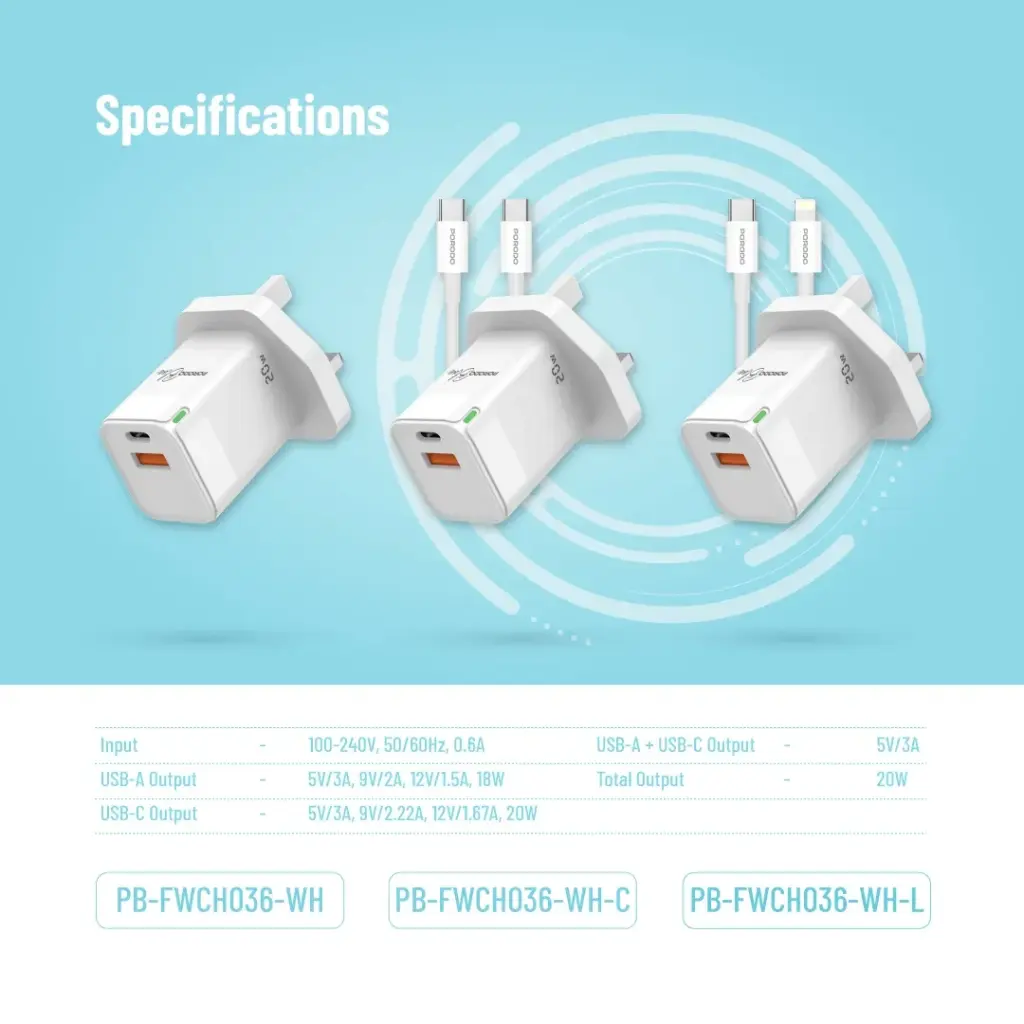 PORODO BLUE USB A AND USB C 20W ULTRA QUICK CHARGER WHITE PB-FWCH036-WH thumbnail 5