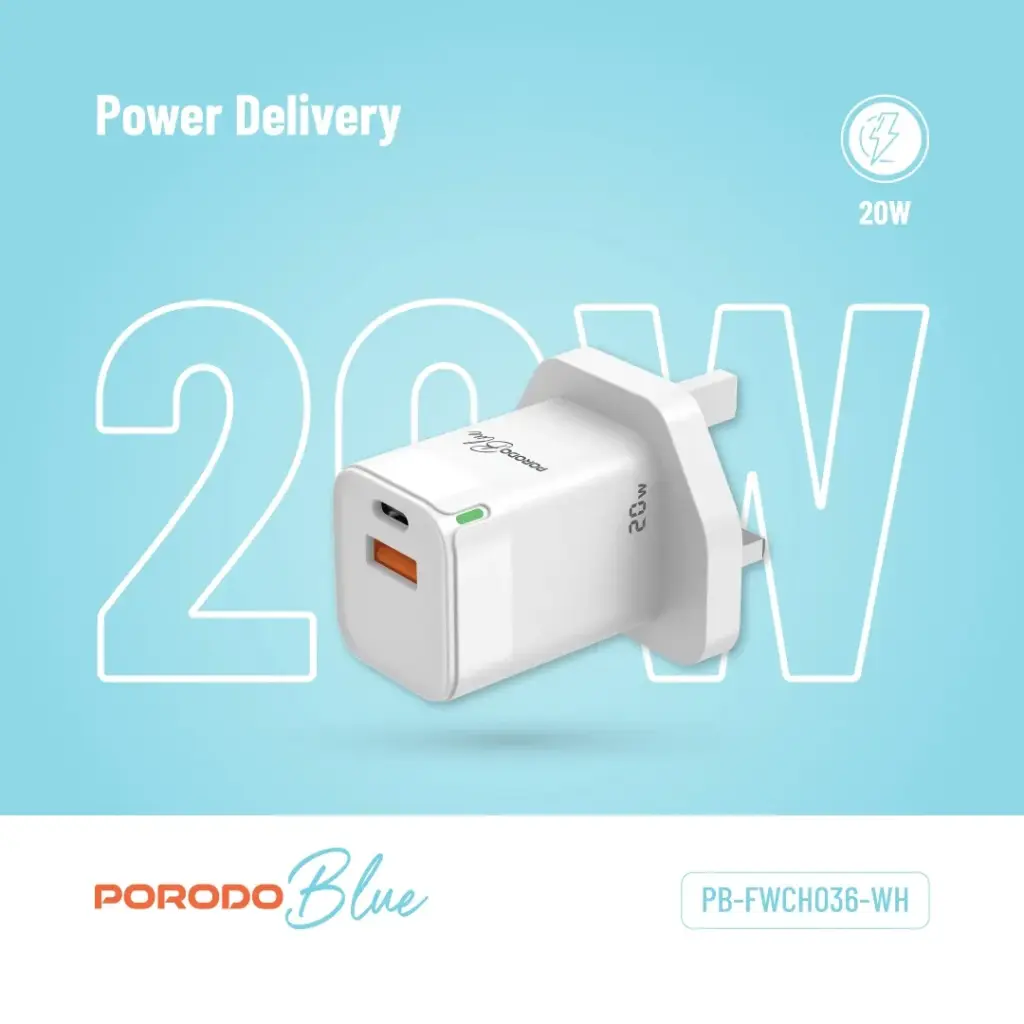 PORODO BLUE USB A AND USB C 20W ULTRA QUICK CHARGER WHITE PB-FWCH036-WH thumbnail 6