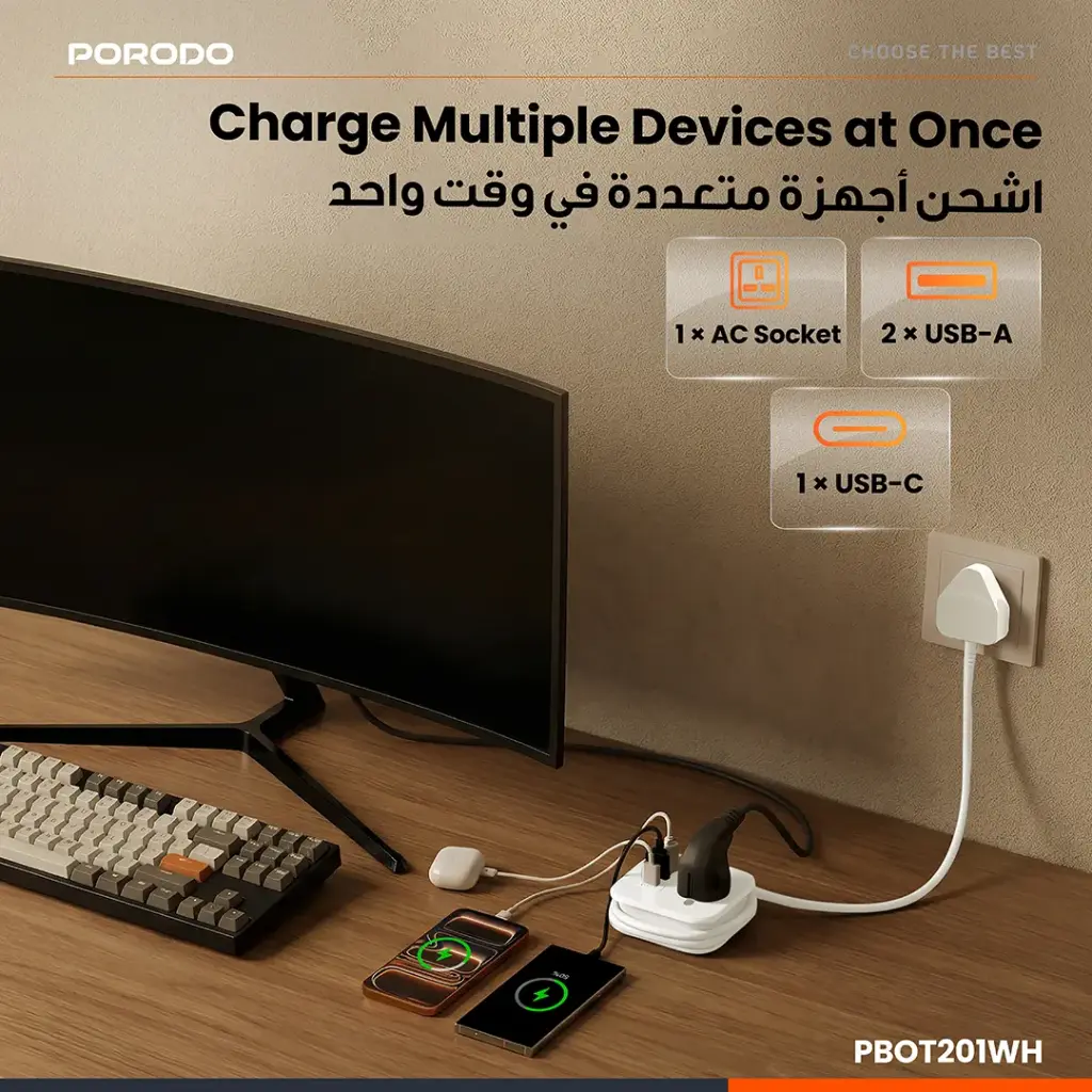 PORODO BLUE VOLGA MULTI PORT UNIVERSAL AC SOCKET USB-A USB C WHITE PB0T201WH thumbnail 2