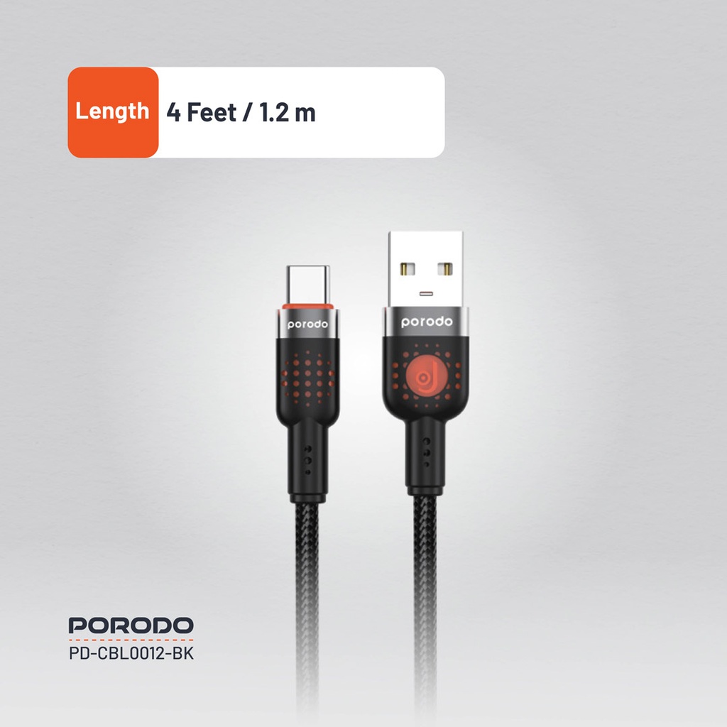PORODO LED BRAIDED USB A TO USB C CABLE CHARGING & DATA TRANSFER BLACK PDCBLXGH02BK thumbnail 6