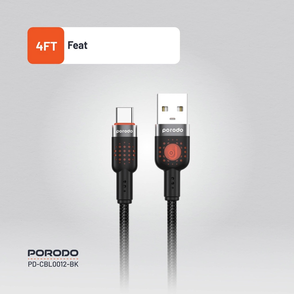 PORODO LED BRAIDED USB A TO USB C CABLE CHARGING & DATA TRANSFER BLACK PDCBLXGH02BK thumbnail 5