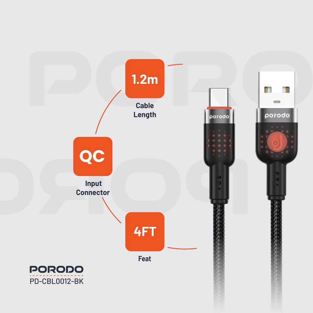 PORODO LED BRAIDED USB A TO USB C CABLE CHARGING & DATA TRANSFER BLACK PDCBLXGH02BK thumbnail 3