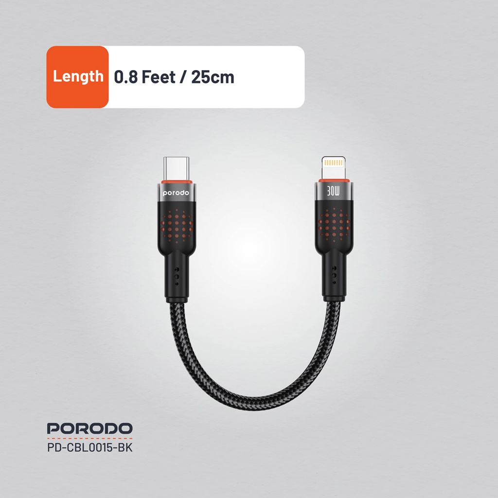 PORODO BRAIDED 25CM CABLE USB C TO LIGHTNING PD30W BLACK PD-CBL0015 thumbnail 8