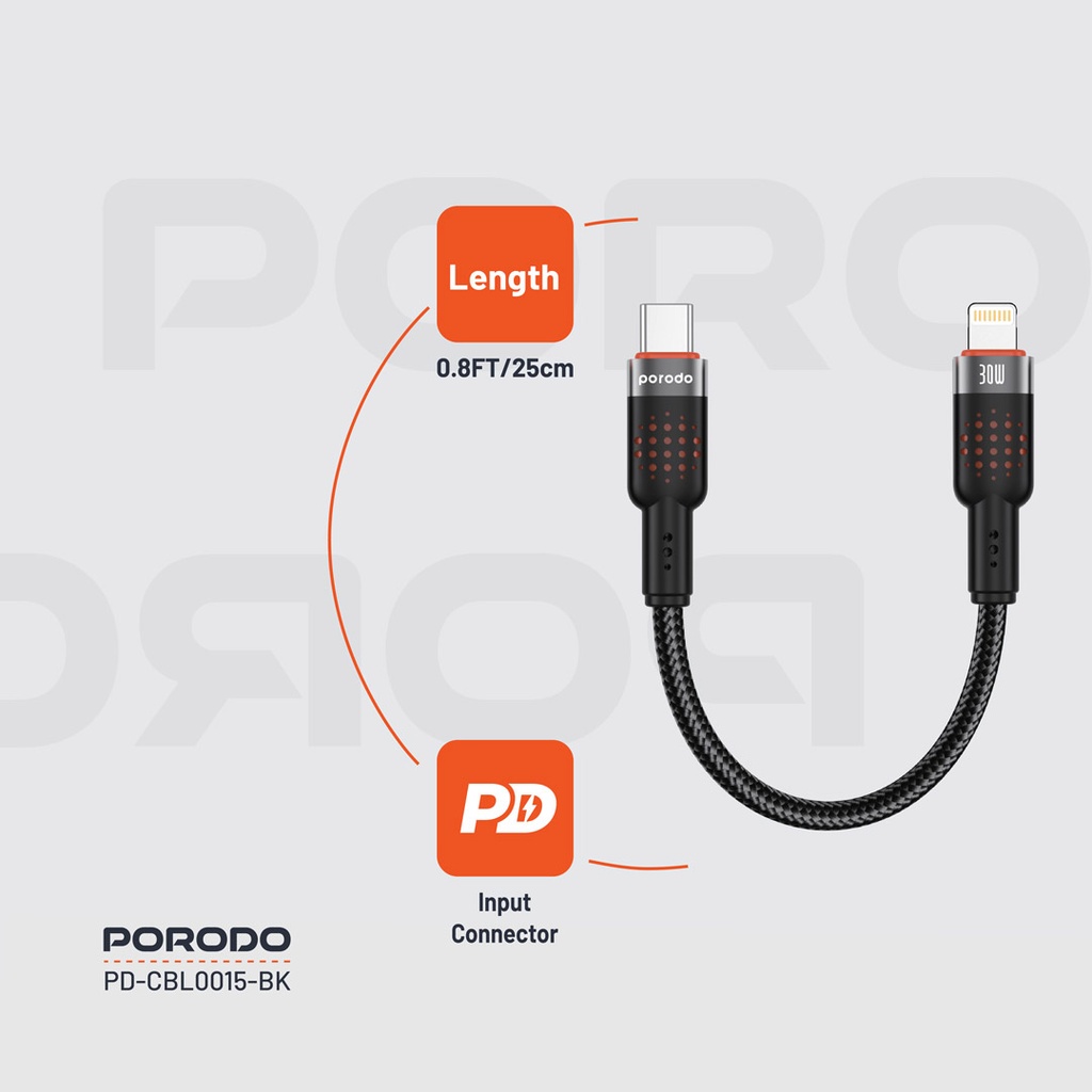 PORODO BRAIDED 25CM CABLE USB C TO LIGHTNING PD30W BLACK PD-CBL0015 thumbnail 7