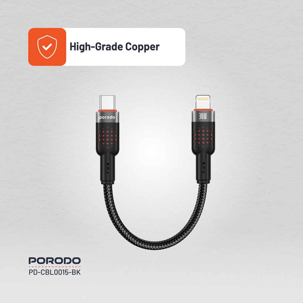 PORODO BRAIDED 25CM CABLE USB C TO LIGHTNING PD30W BLACK PD-CBL0015 thumbnail 6
